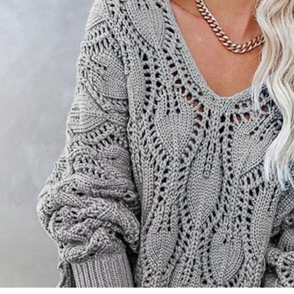 Cozy Open Knit Slouchy Oversized V-Neck Sweater - Picture 2 of 6